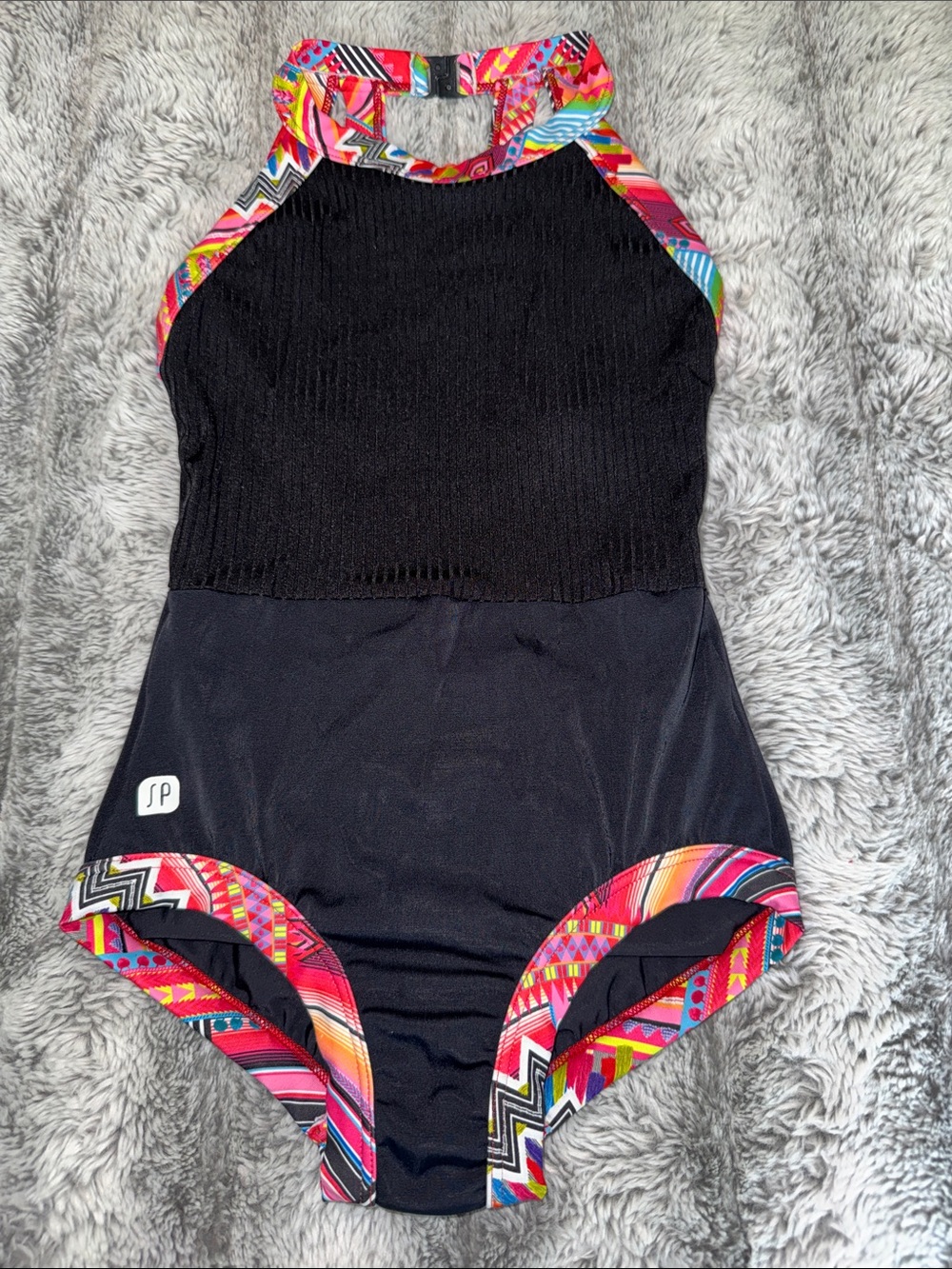 Sylvia P Cancun Gymnastics Leotard Black Colorful Strappy Back - Size 8
